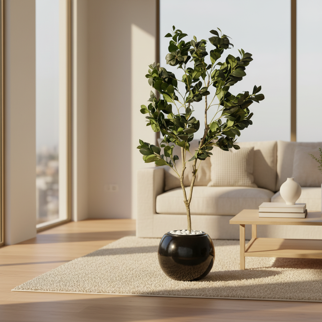 Artificial rosemary in modern living room with cream sofa