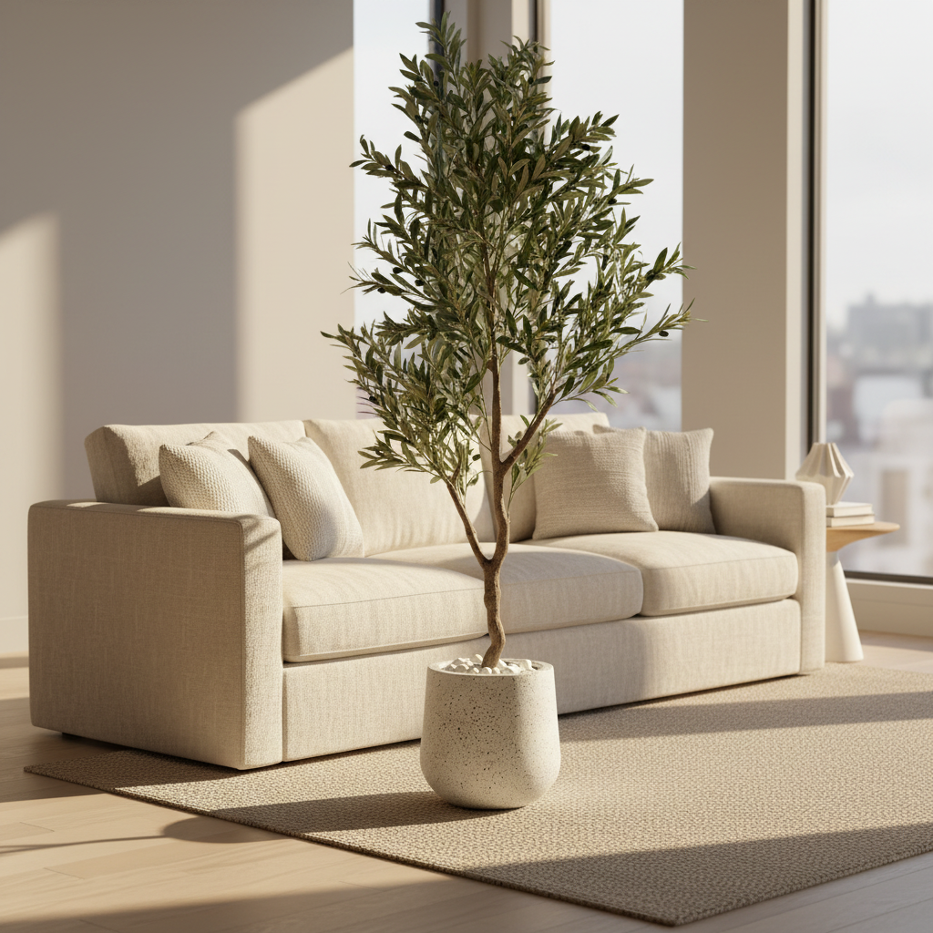 Large artificial olive tree in modern living room with cream sofa and white pebbles