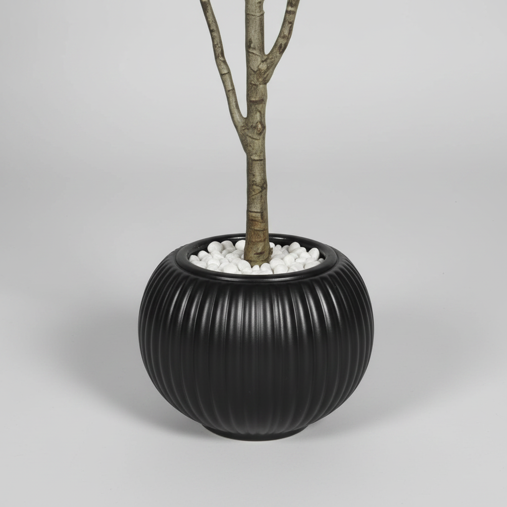 Close-up macro of artificial boxwood white pot on light gray studio background