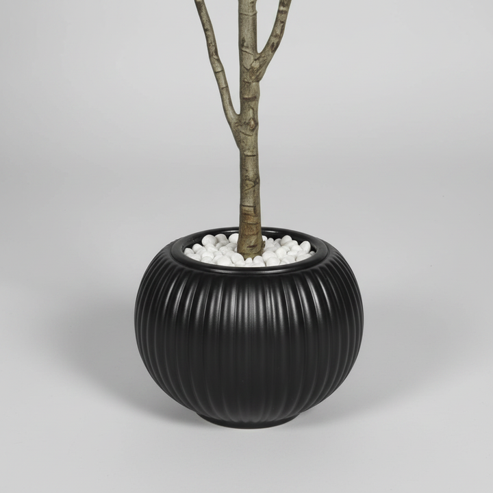 Close-up macro of artificial boxwood white pot on light gray studio background