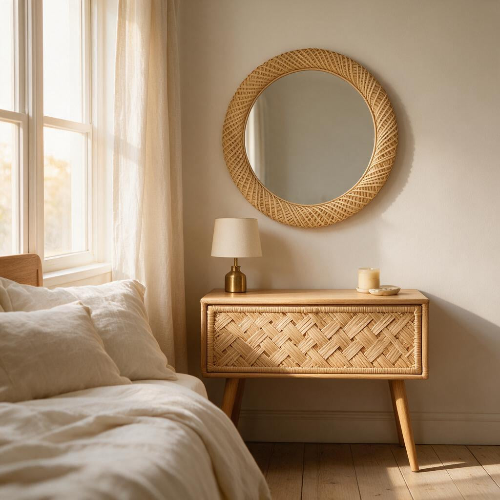 Round woven rattan wall mirror in a cozy bedroom