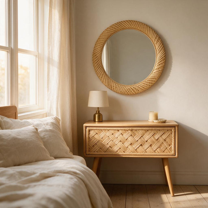 Round woven rattan wall mirror in a cozy bedroom