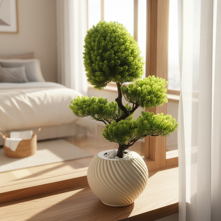 Artificial peperomia on bright bedroom windowsill with morning light