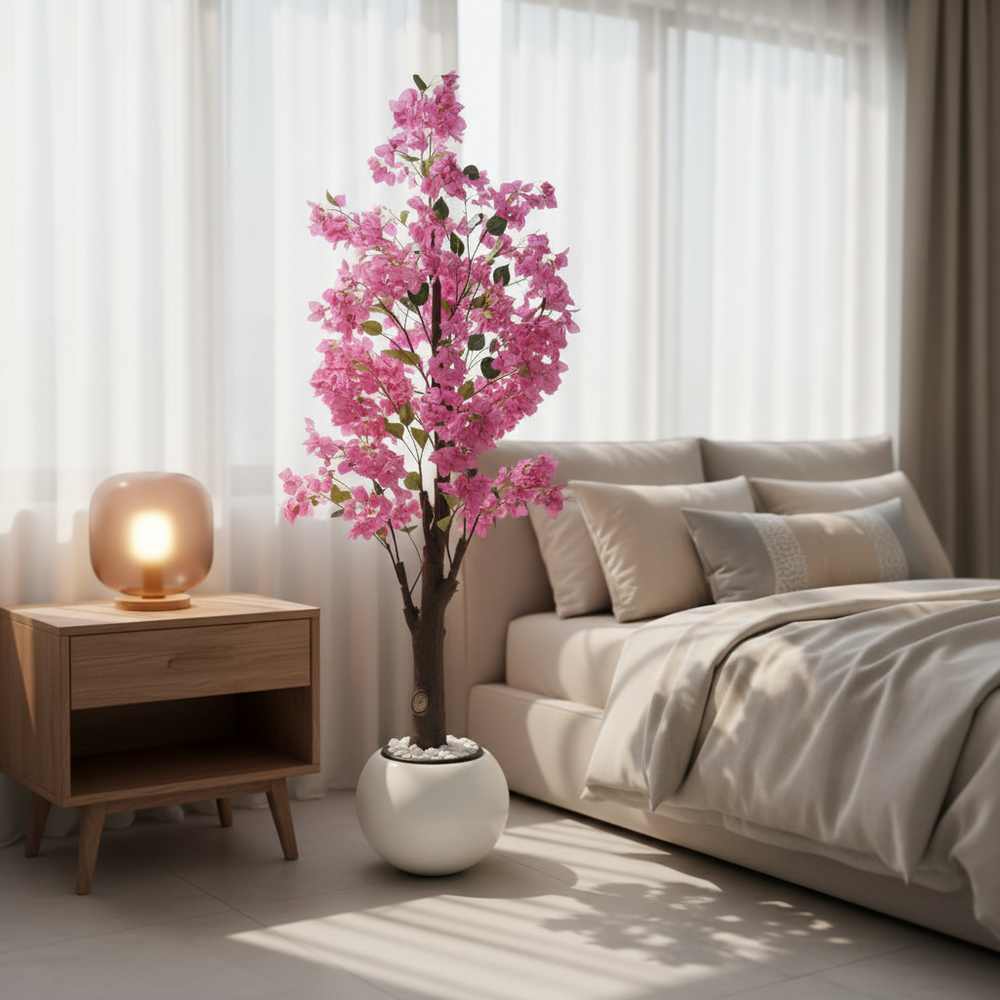 Artificial fern tree in serene bedroom corner
