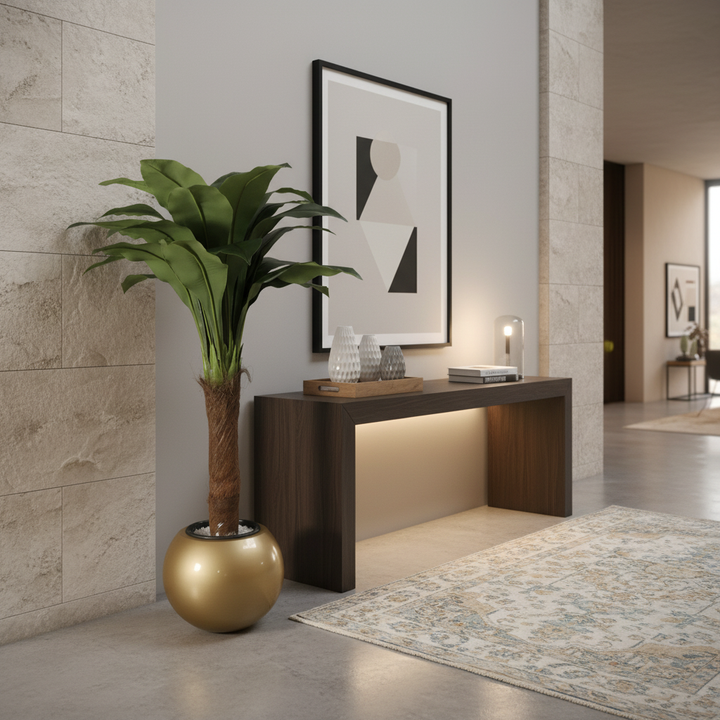 Artificial trailing pothos tree in modern entryway