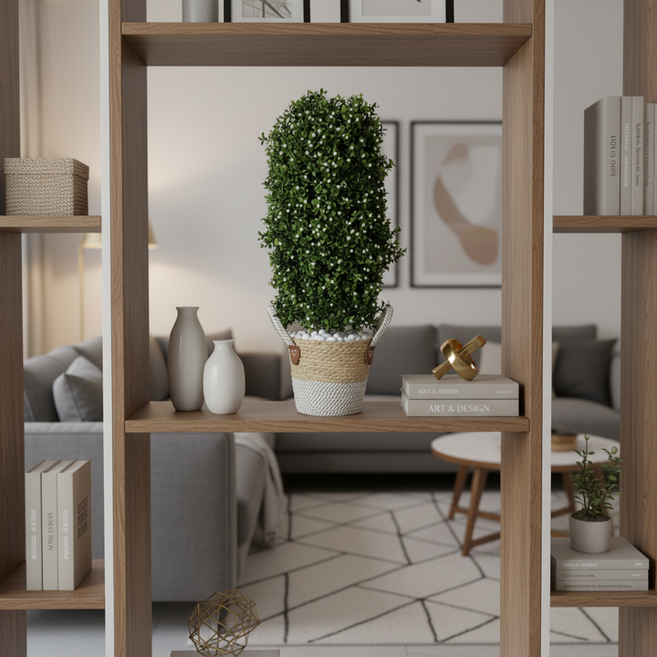 Artificial succulent on decorative shelf with curated décor items