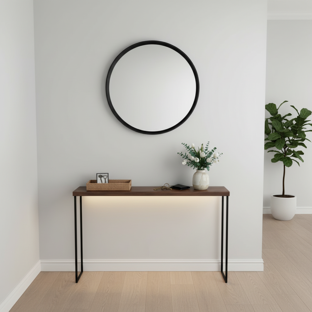 Black wood-framed wall mirror in an entryway above a console table