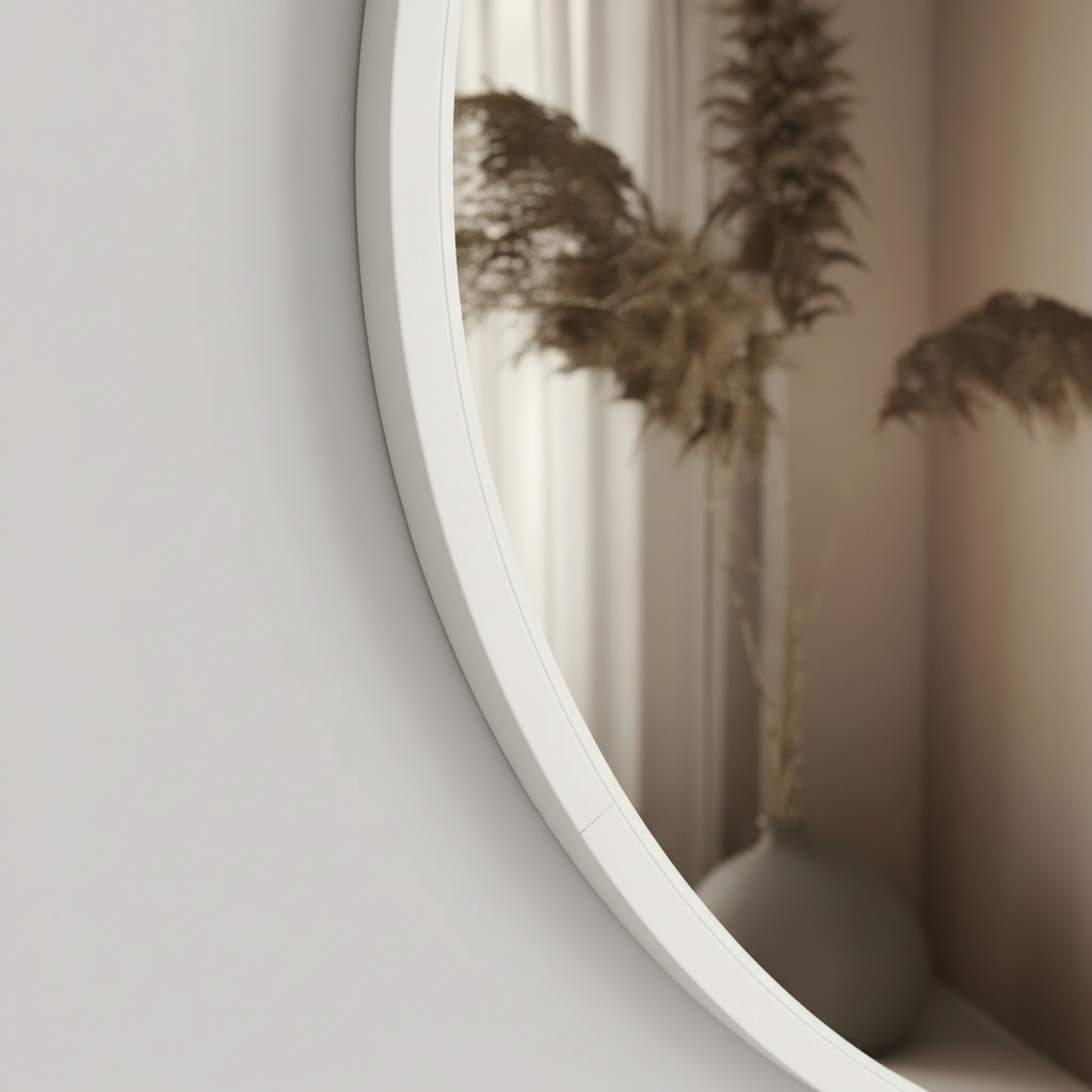 Close-up of the white frame edge meeting the mirror glass