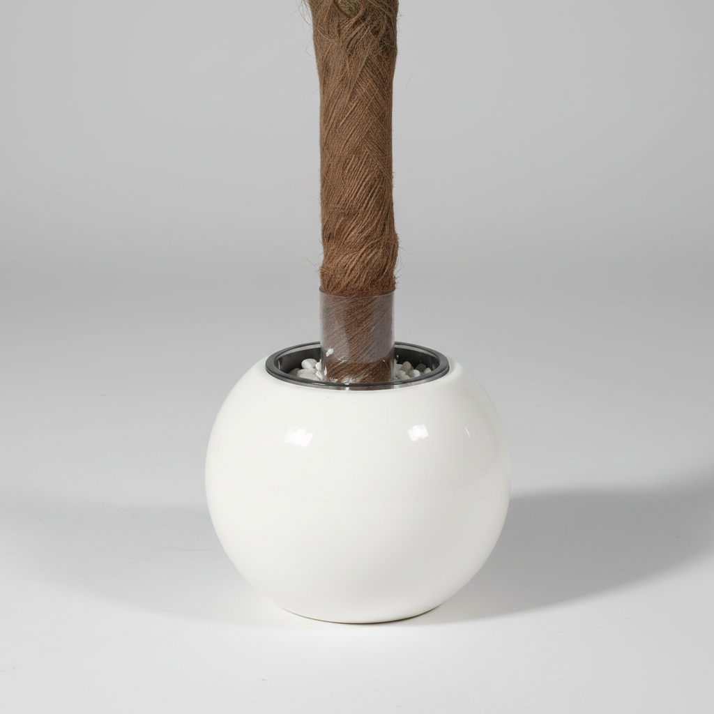 Close-up of fern trunk and white pot base with shadow
