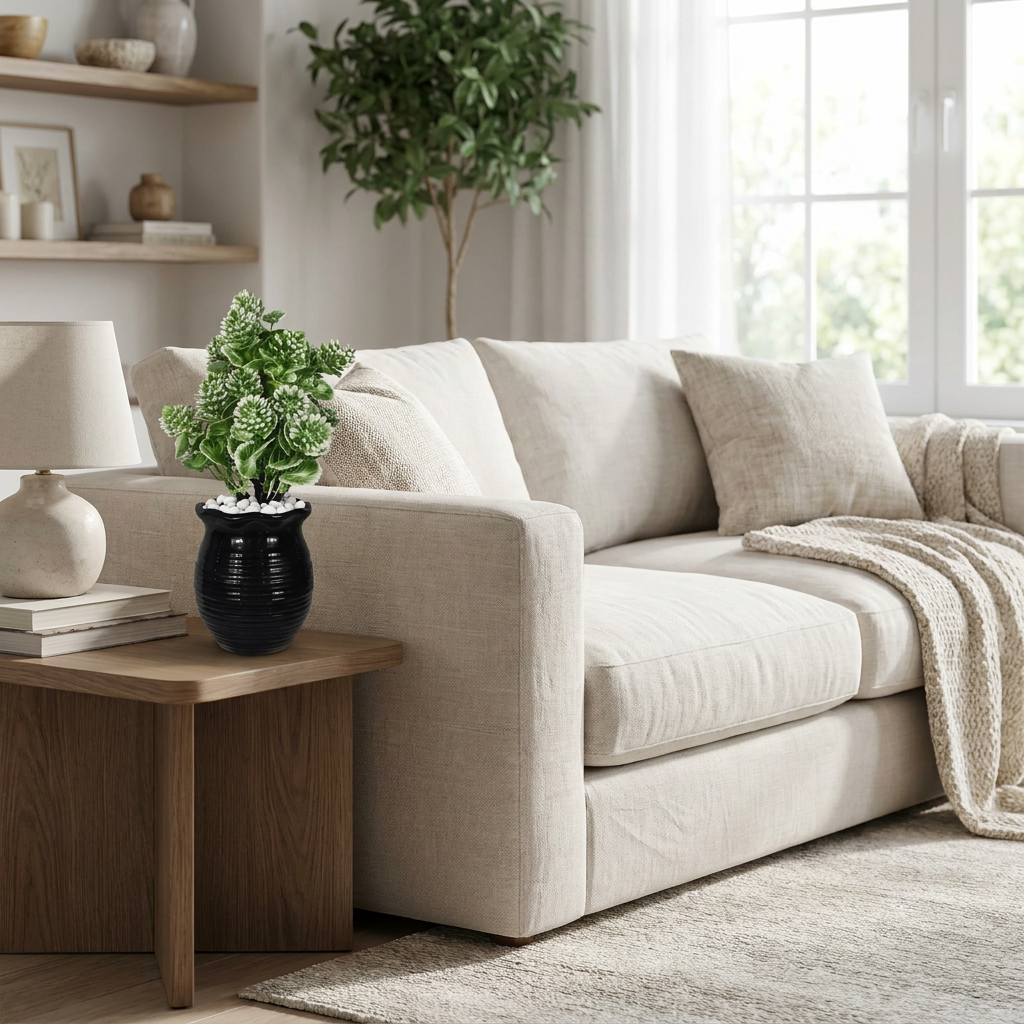 Artificial decorative plant in modern living room with white pebbles