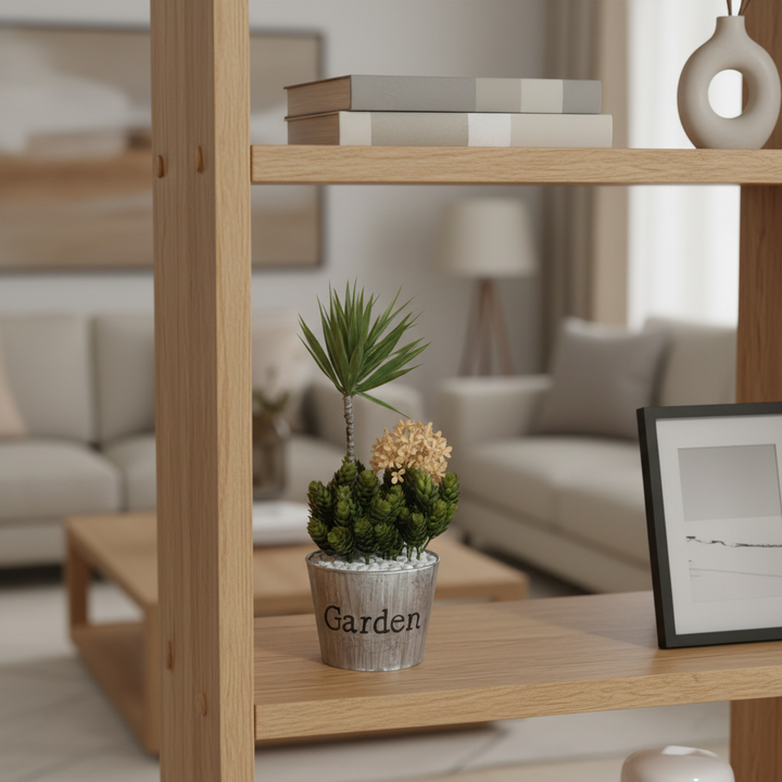 Artificial trailing ivy on decorative shelf with curated décor items