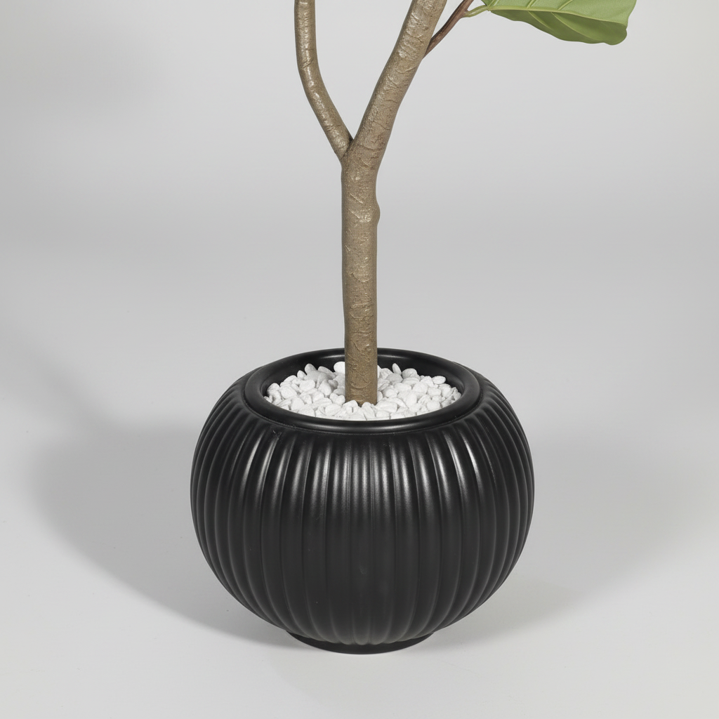 Close-up macro of artificial boxwood gray pot on light gray studio background