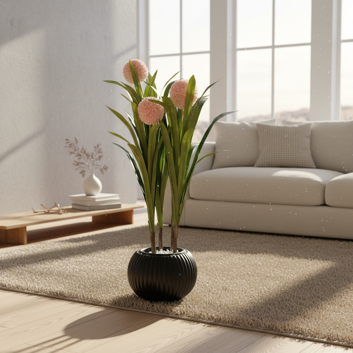 Artificial baby's breath in modern living room with cream sofa