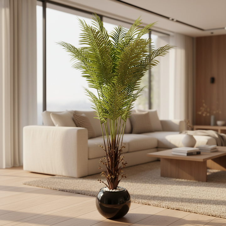 Artificial snake plant in modern living room with cream sofa
