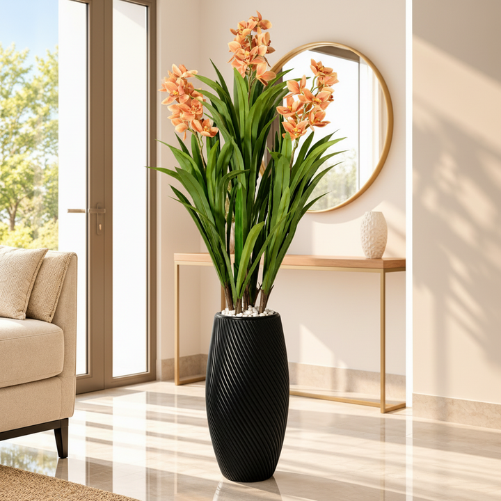 Artificial Peach Orchid Plant 220 cm in black ribbed planter - entryway