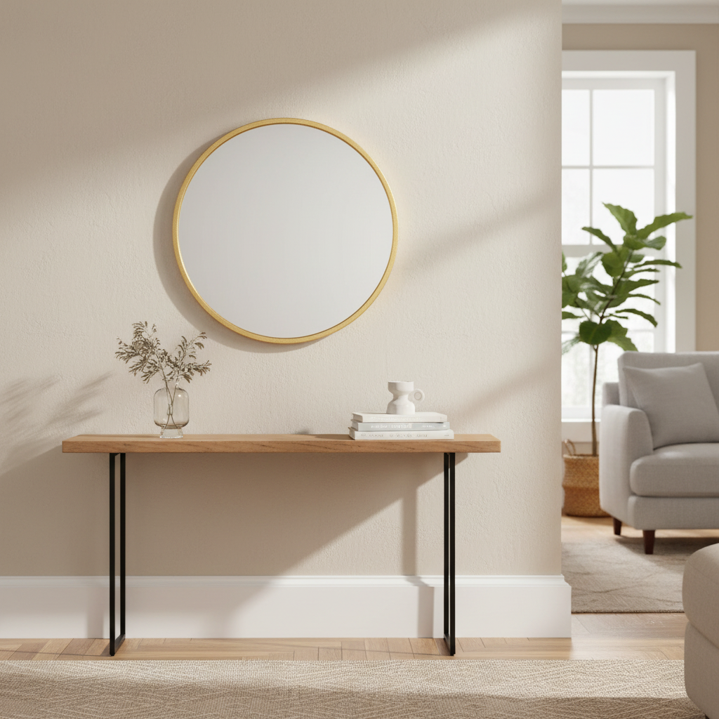 Gold wood-framed wall mirror in a living room above a console table