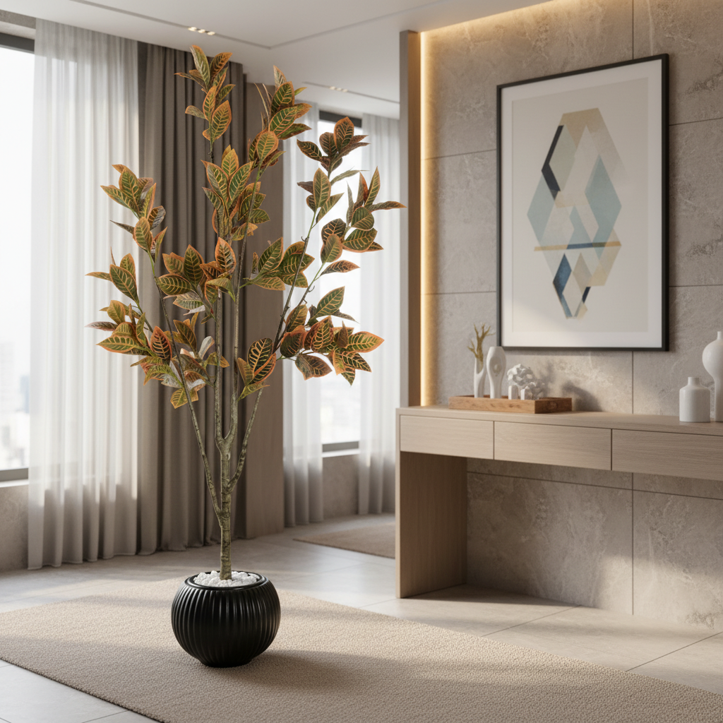 Artificial boxwood shrub in stylish modern entryway