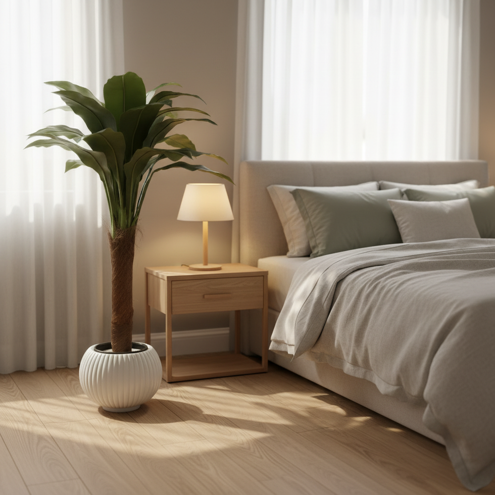 Artificial philodendron tree in serene bedroom corner