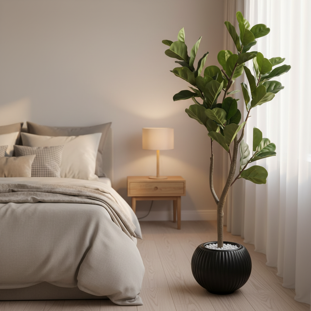 Artificial boxwood shrub in serene bedroom corner