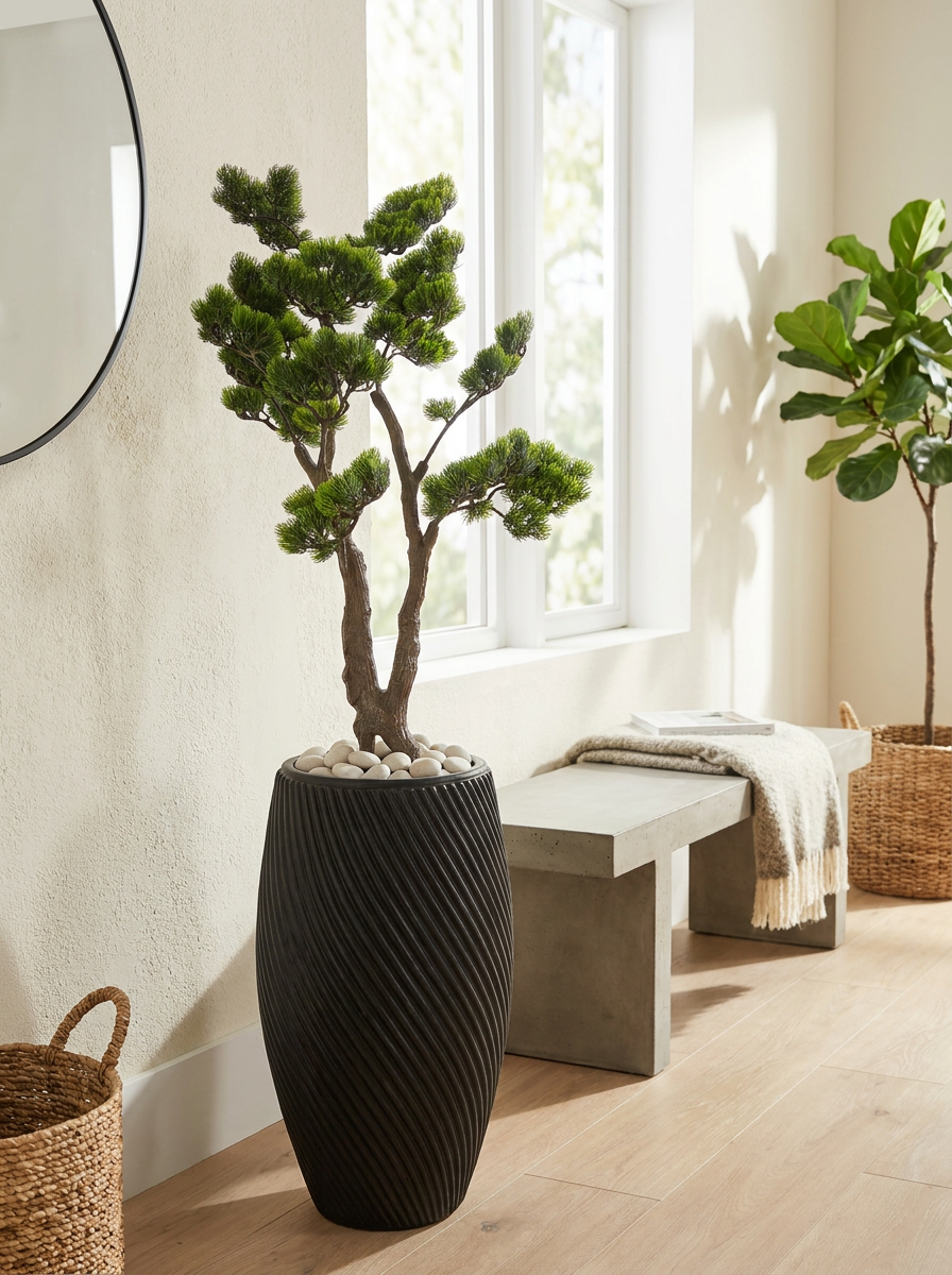 Artificial plant in bright home entryway lifestyle setting