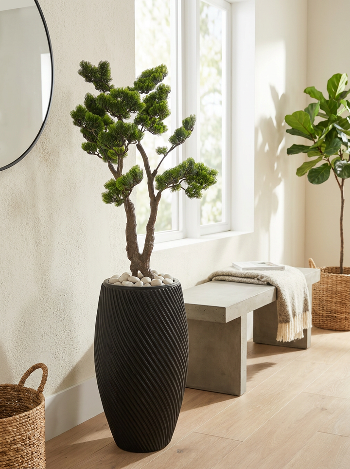 Artificial plant in bright home entryway lifestyle setting