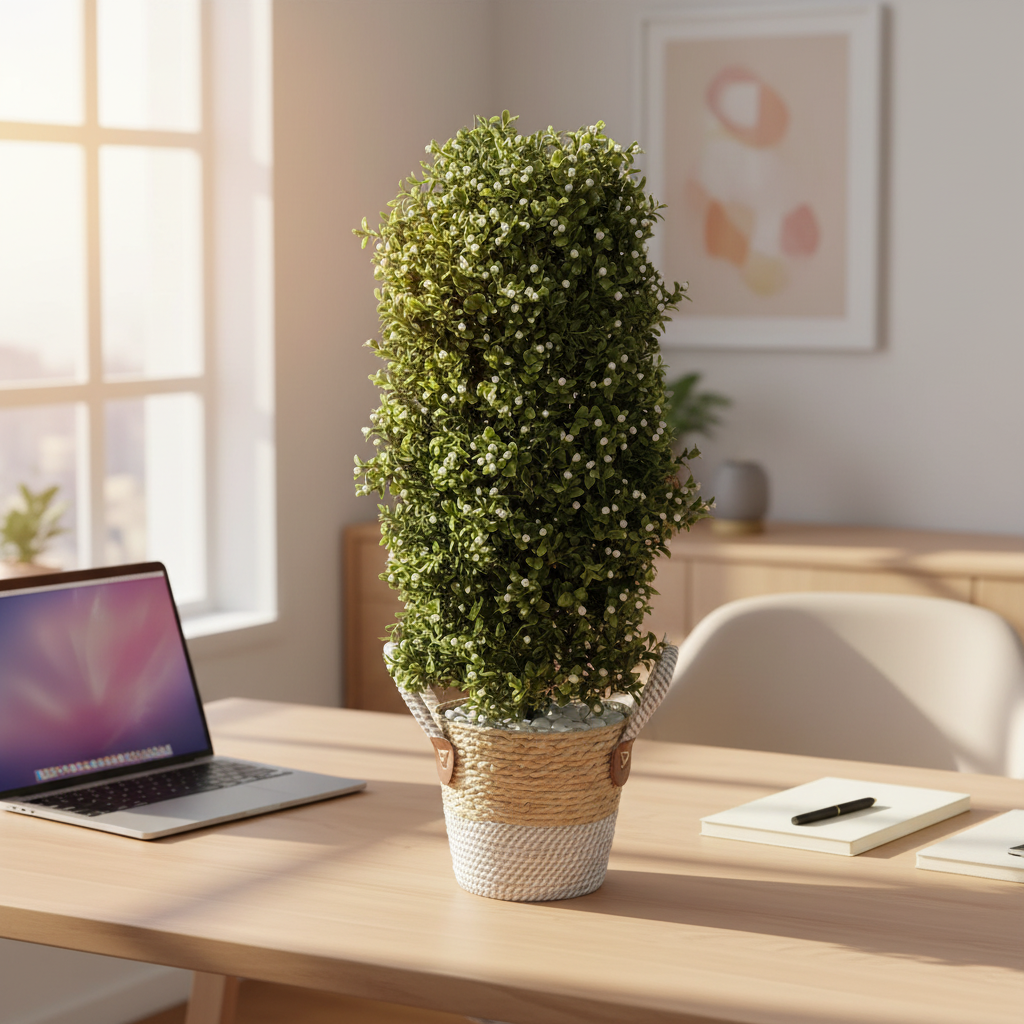 Artificial succulent on modern office desk with laptop