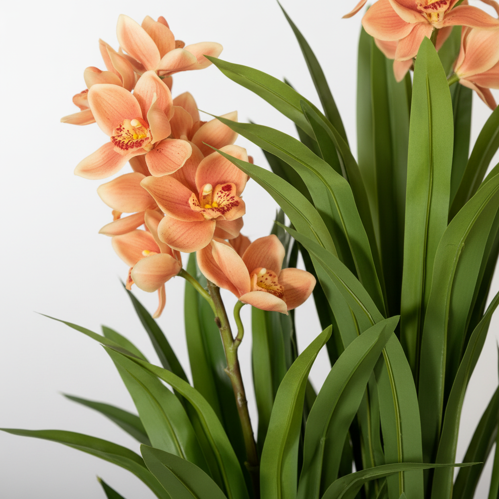 Artificial Peach Orchid Plant - close-up of orchid blooms and leaves
