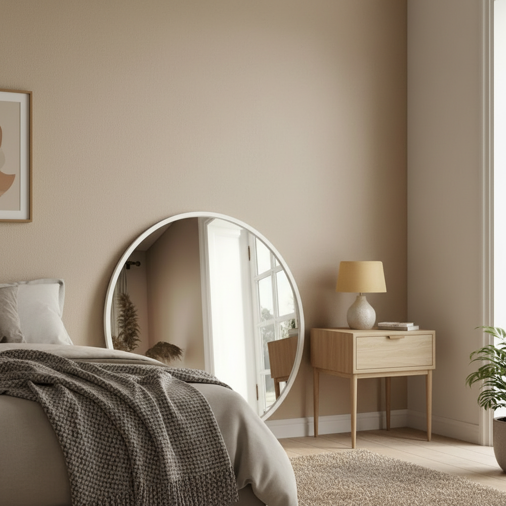 White wood-framed wall mirror leaning in a bedroom