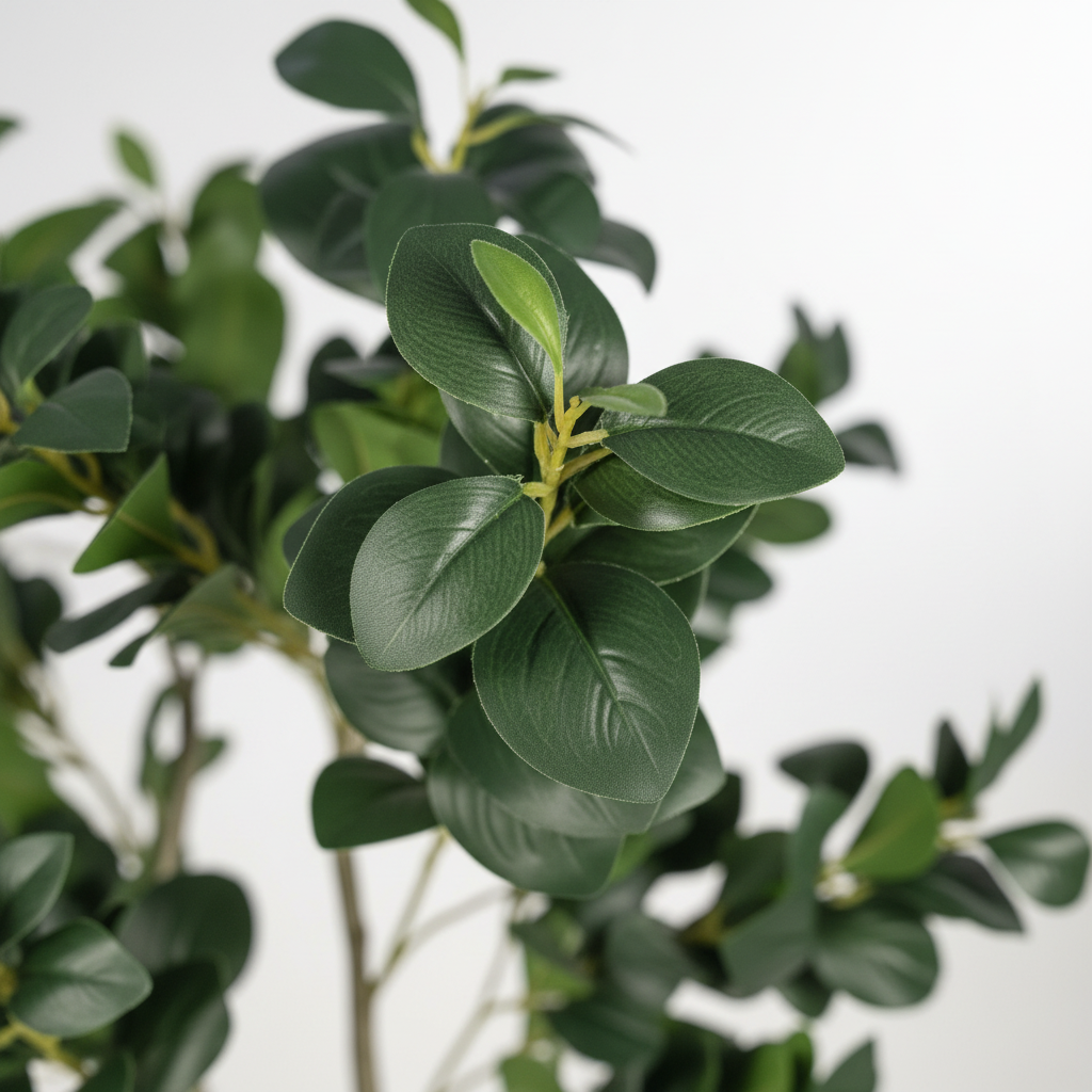 Close-up of artificial rosemary fine needle-like leaves on white studio background