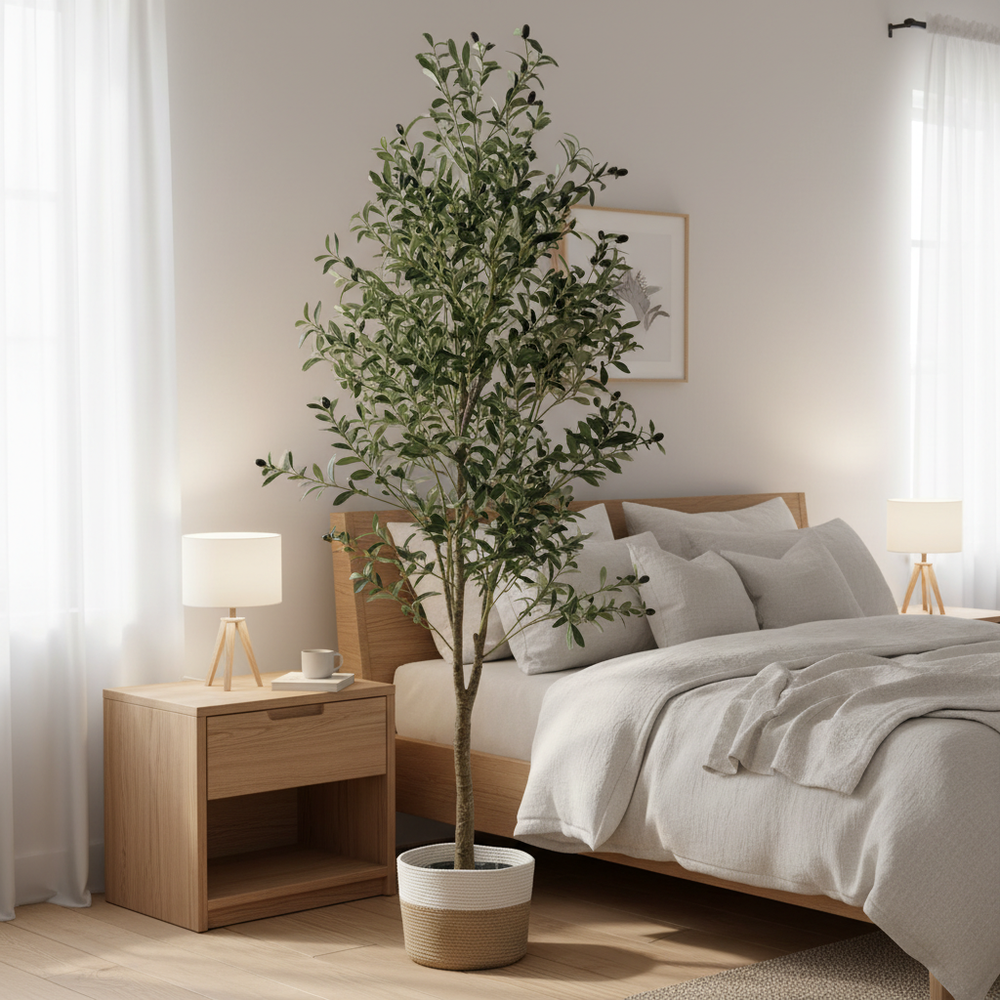 Tall 2M artificial olive tree in serene bedroom corner