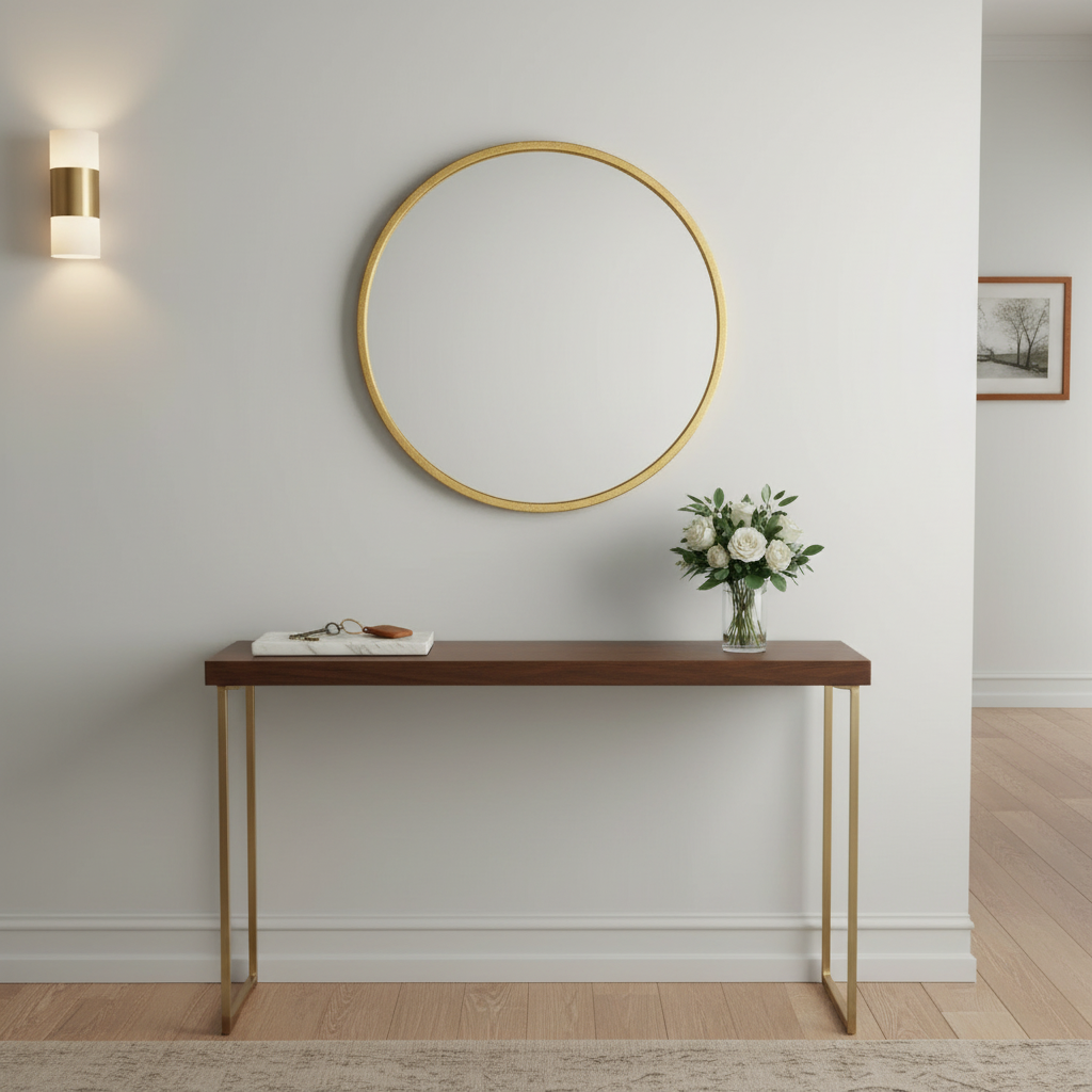 Gold wood-framed wall mirror in an entryway above a console table