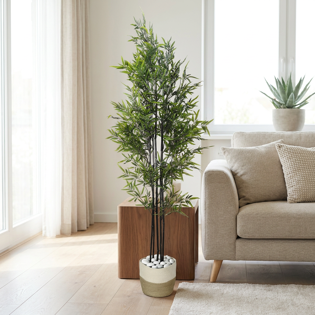 Artificial decorative plant in modern living room with white pebbles