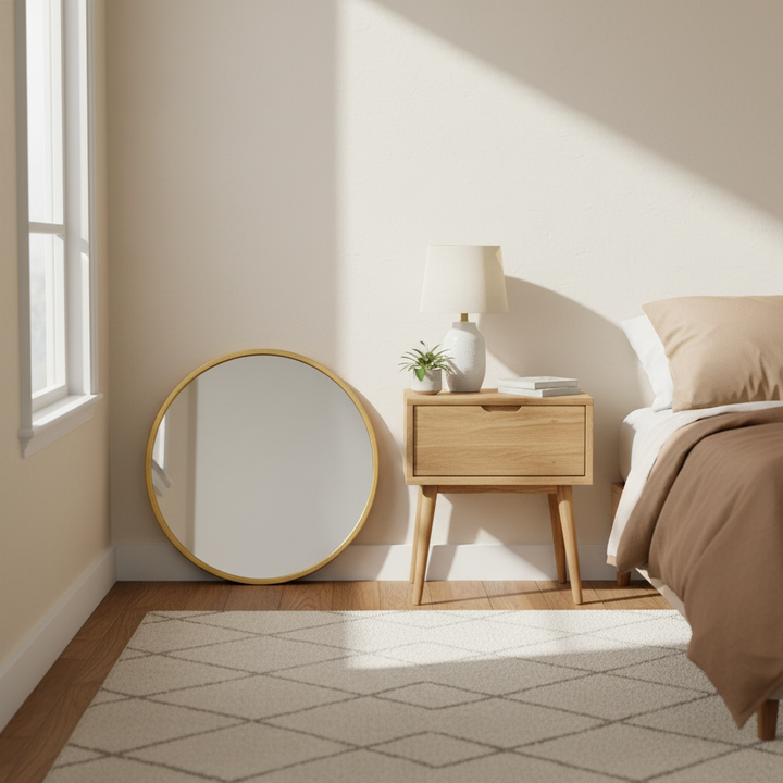 Gold wood-framed wall mirror leaning in a bedroom