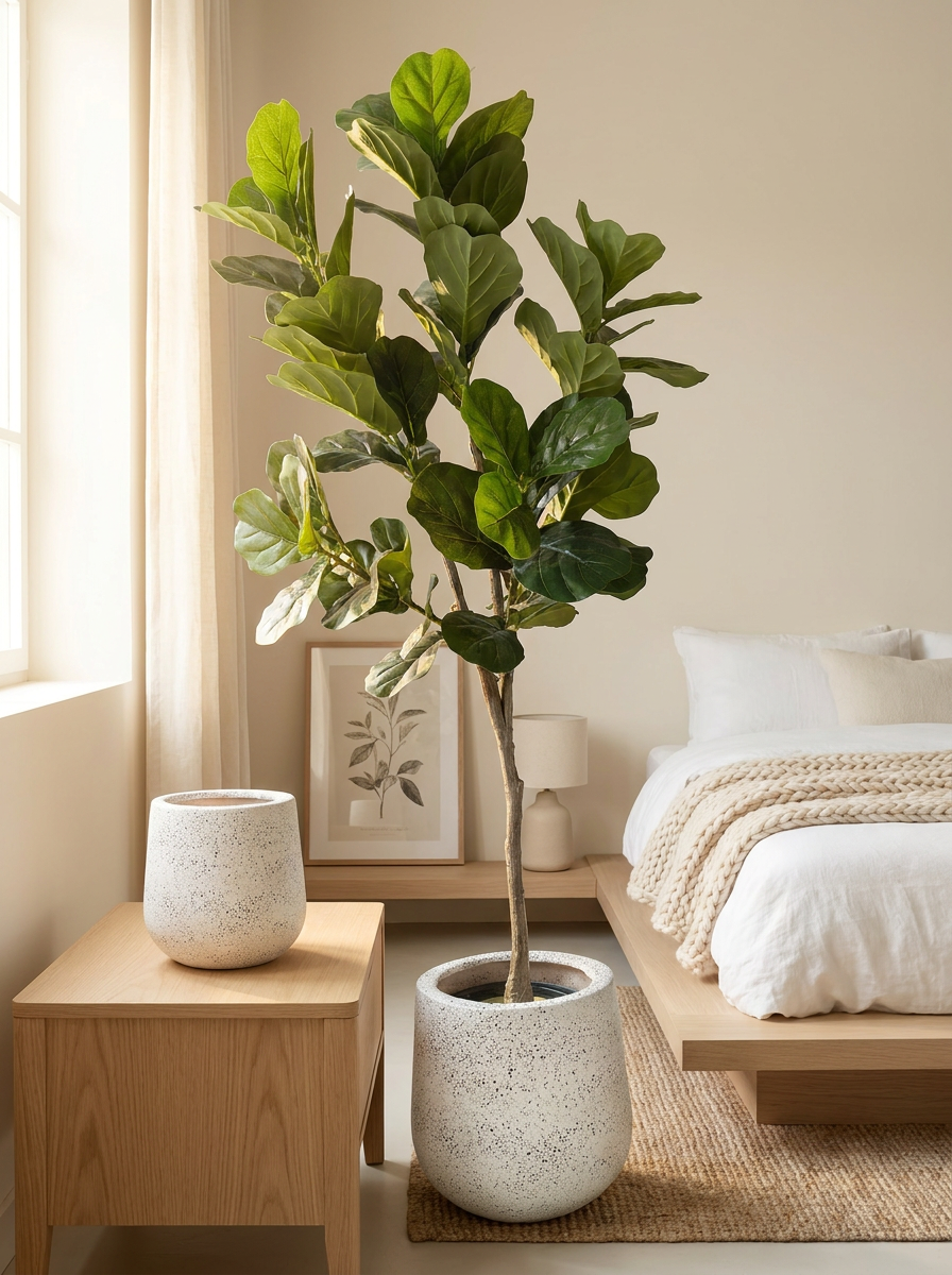 Artificial plant in minimalist bedroom decor setting