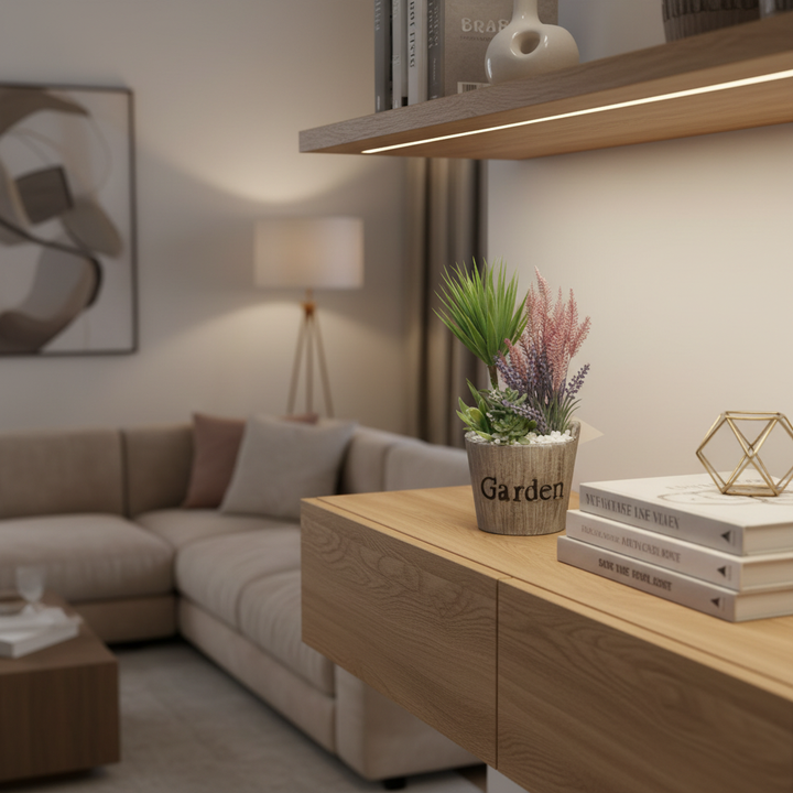 Artificial moss ball on decorative shelf with curated décor items