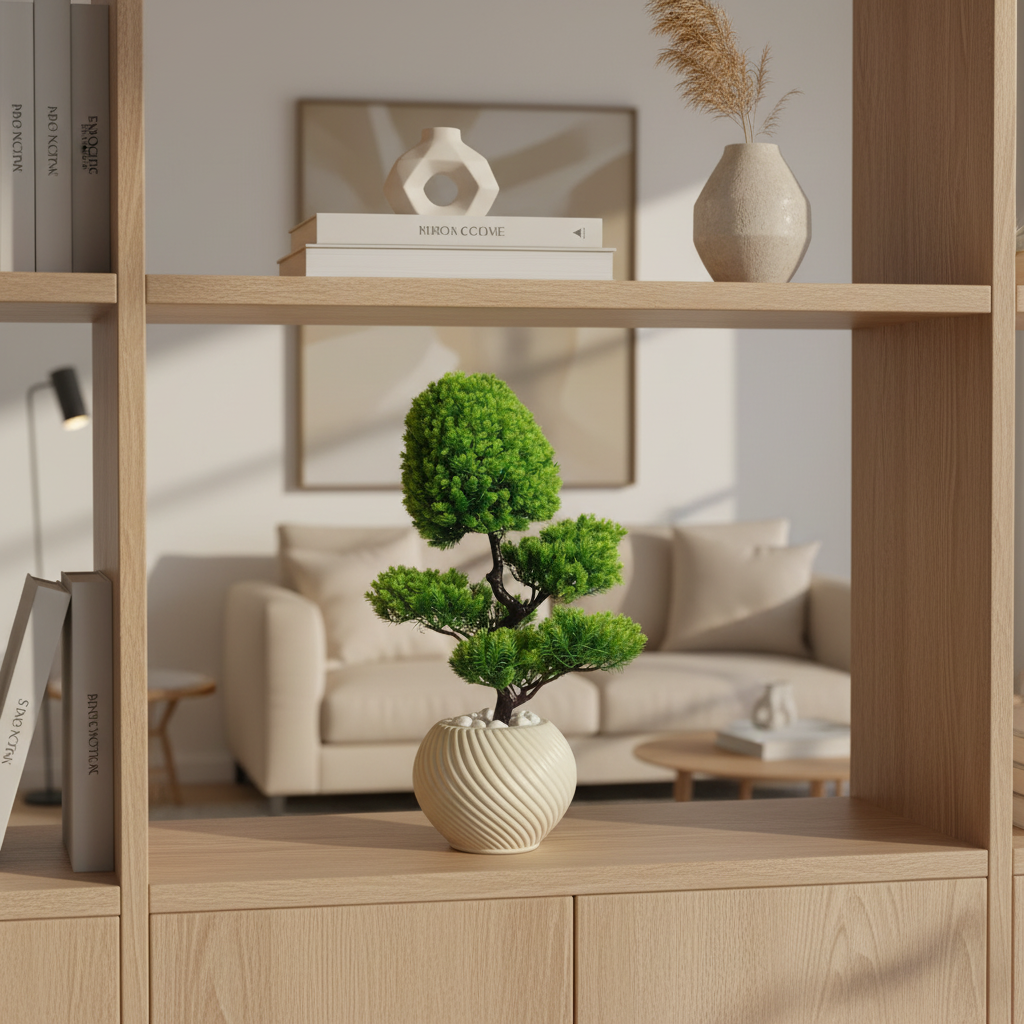 Artificial peperomia on decorative shelf with curated décor items
