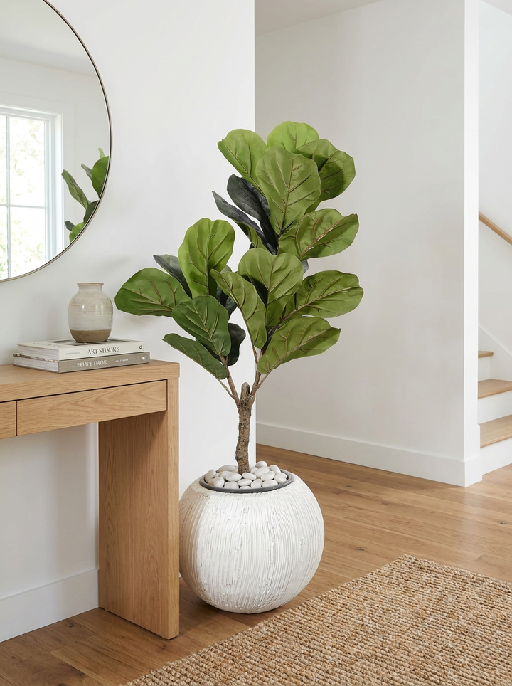 Artificial indoor plant styled in a home entryway or office