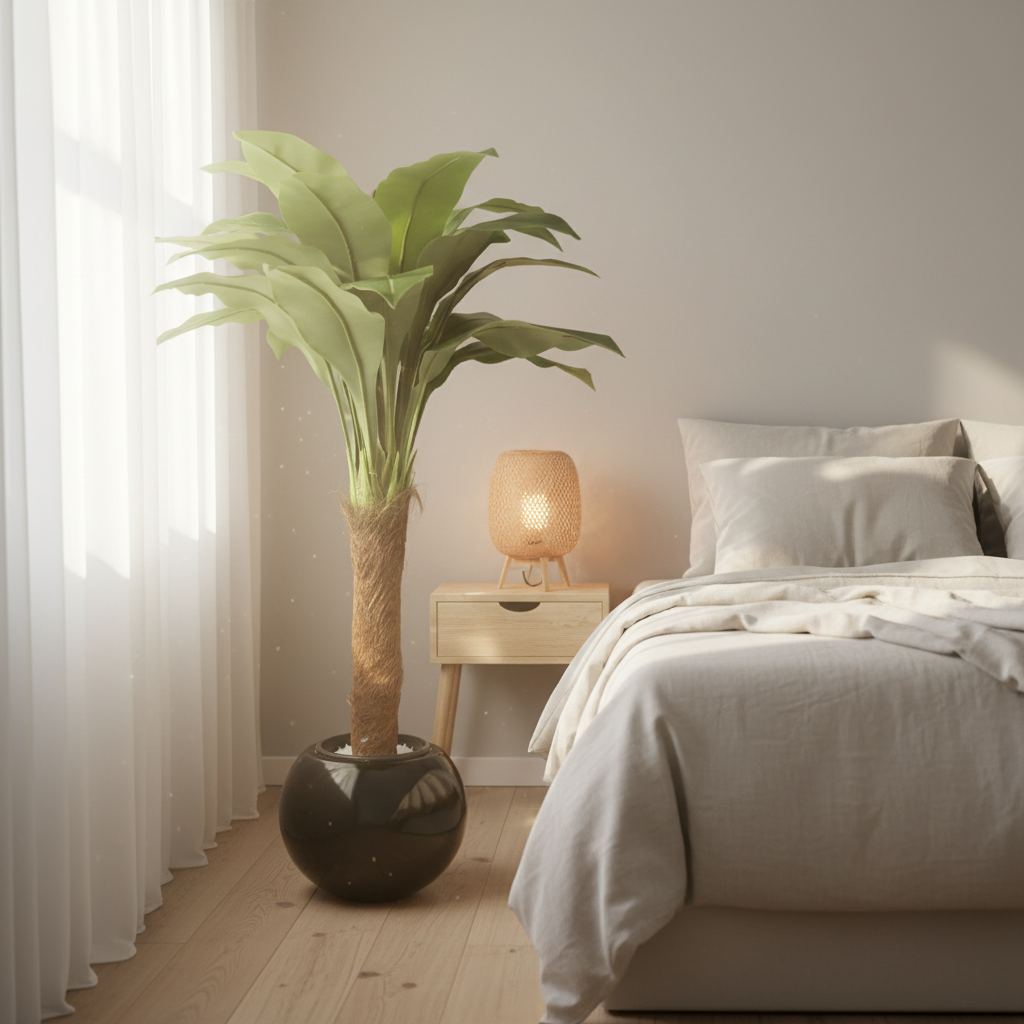 Artificial dracaena tree in serene bedroom corner