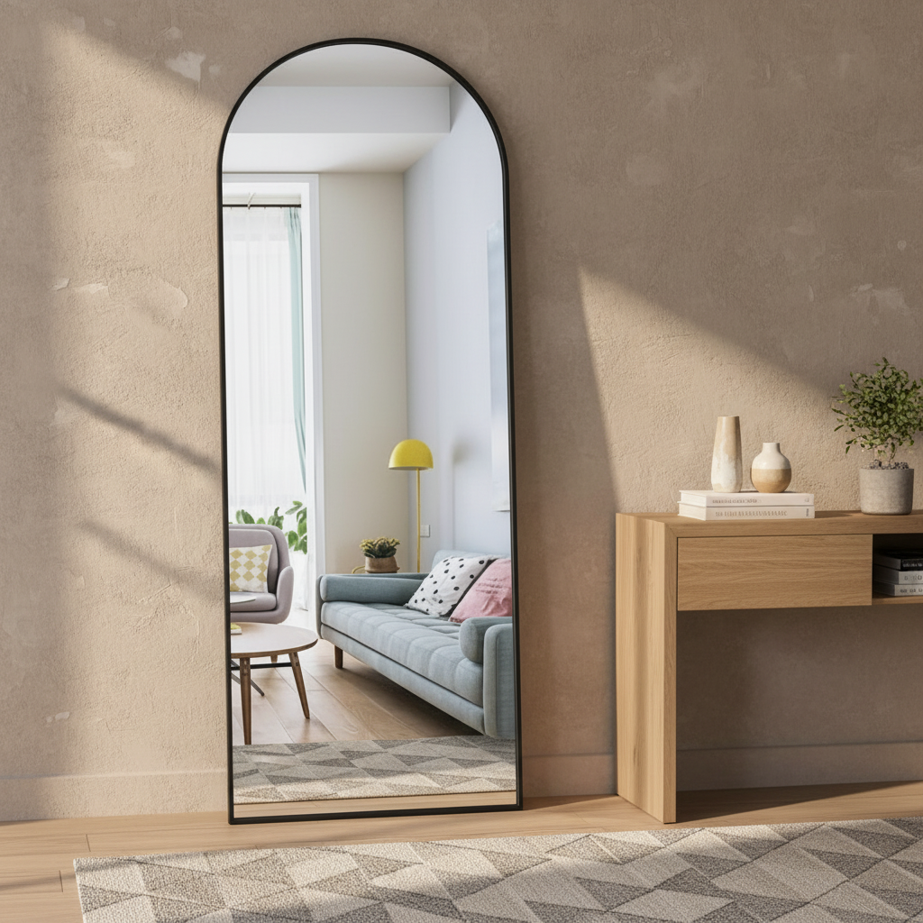 Decorative mirror standing in modern entryway against wall