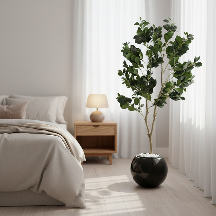 Artificial rosemary in serene bedroom corner