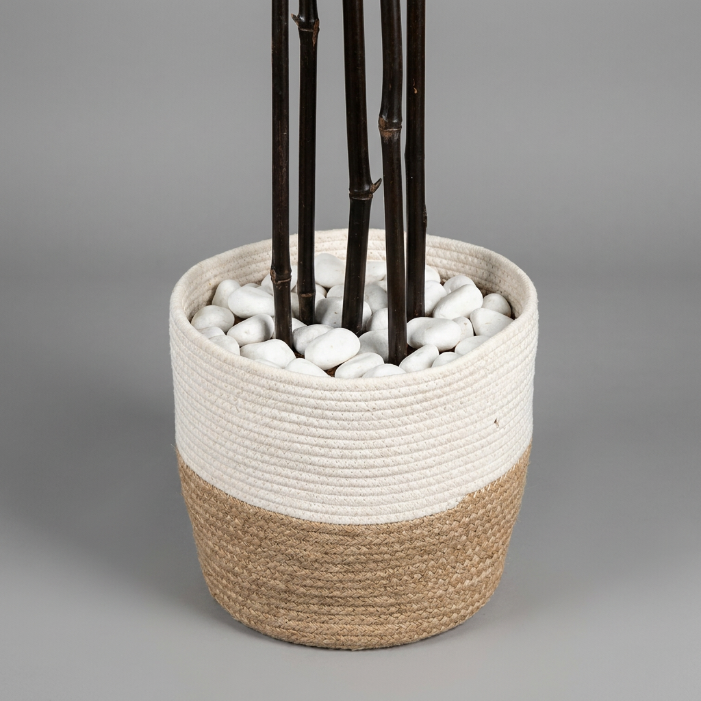 Close-up of artificial plant pot and trunk base on gray background