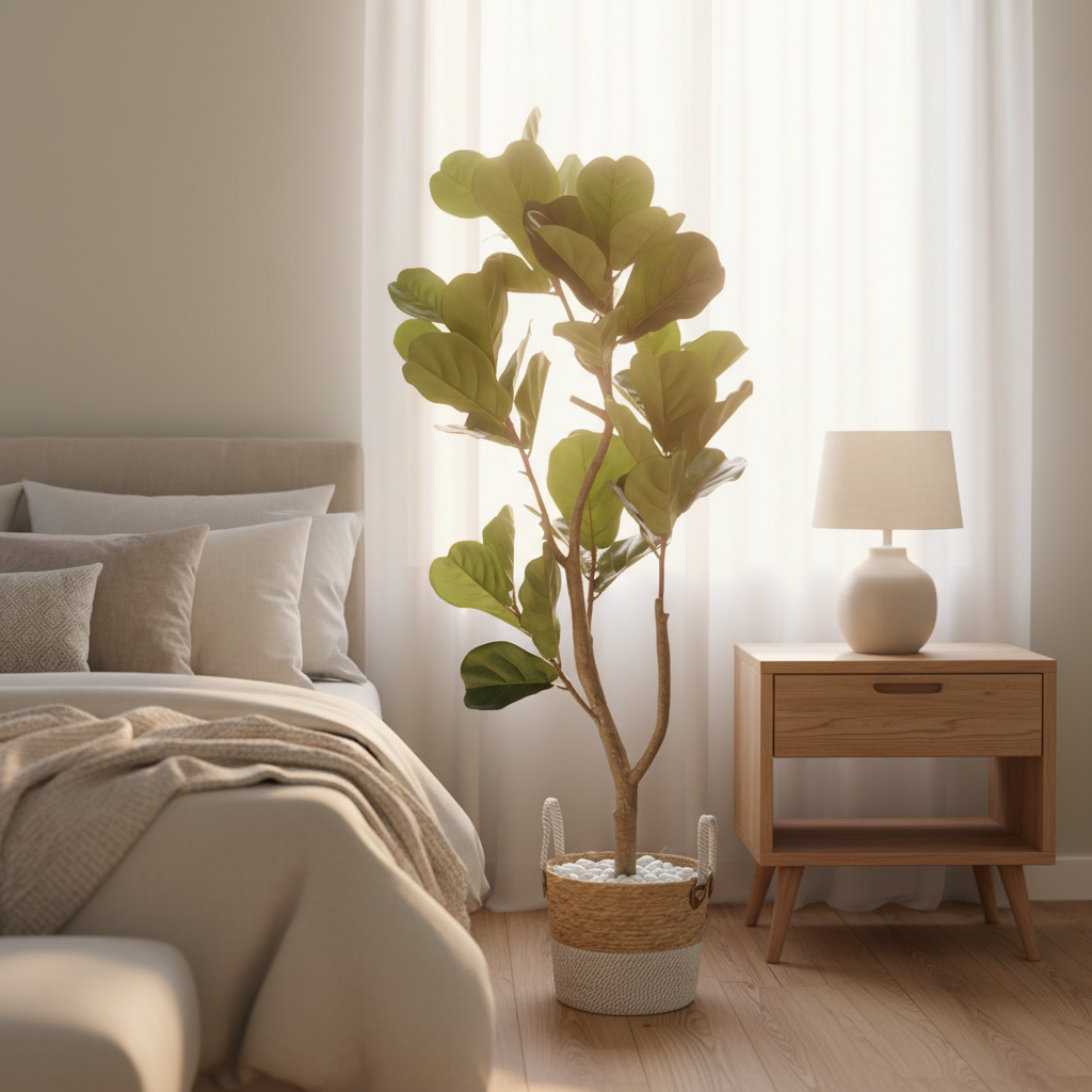 Artificial myrtle shrub in serene bedroom corner