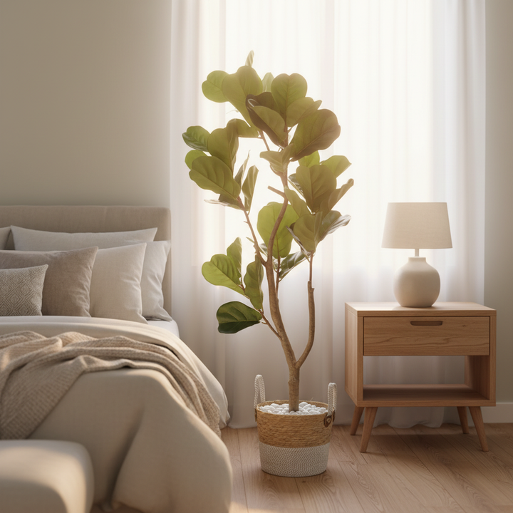 Artificial myrtle shrub in serene bedroom corner