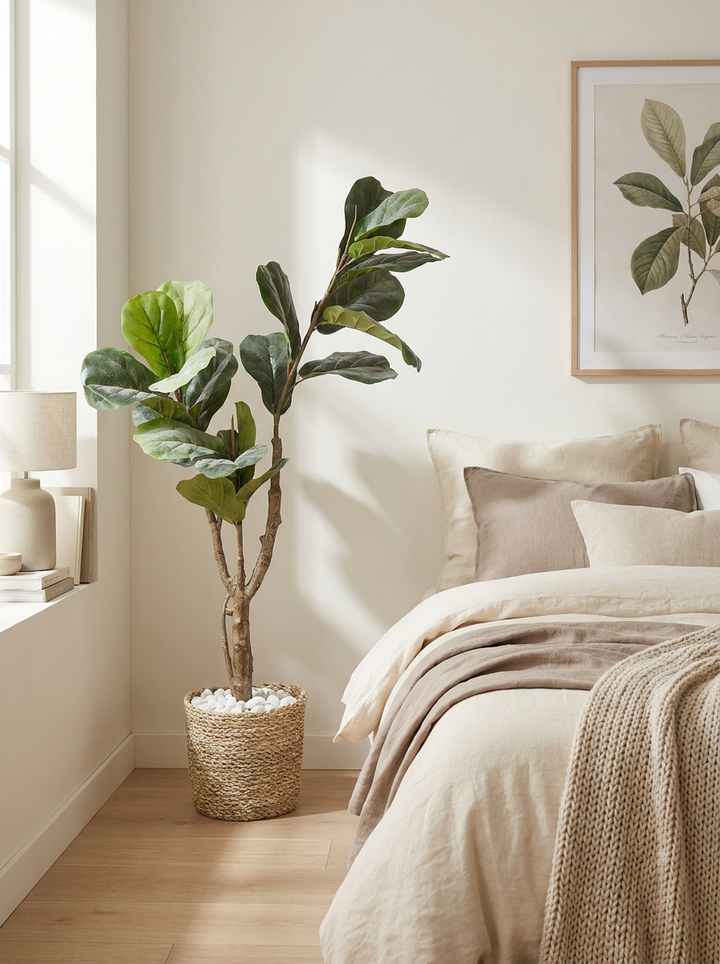 Artificial indoor plant in a minimalist bedroom corner