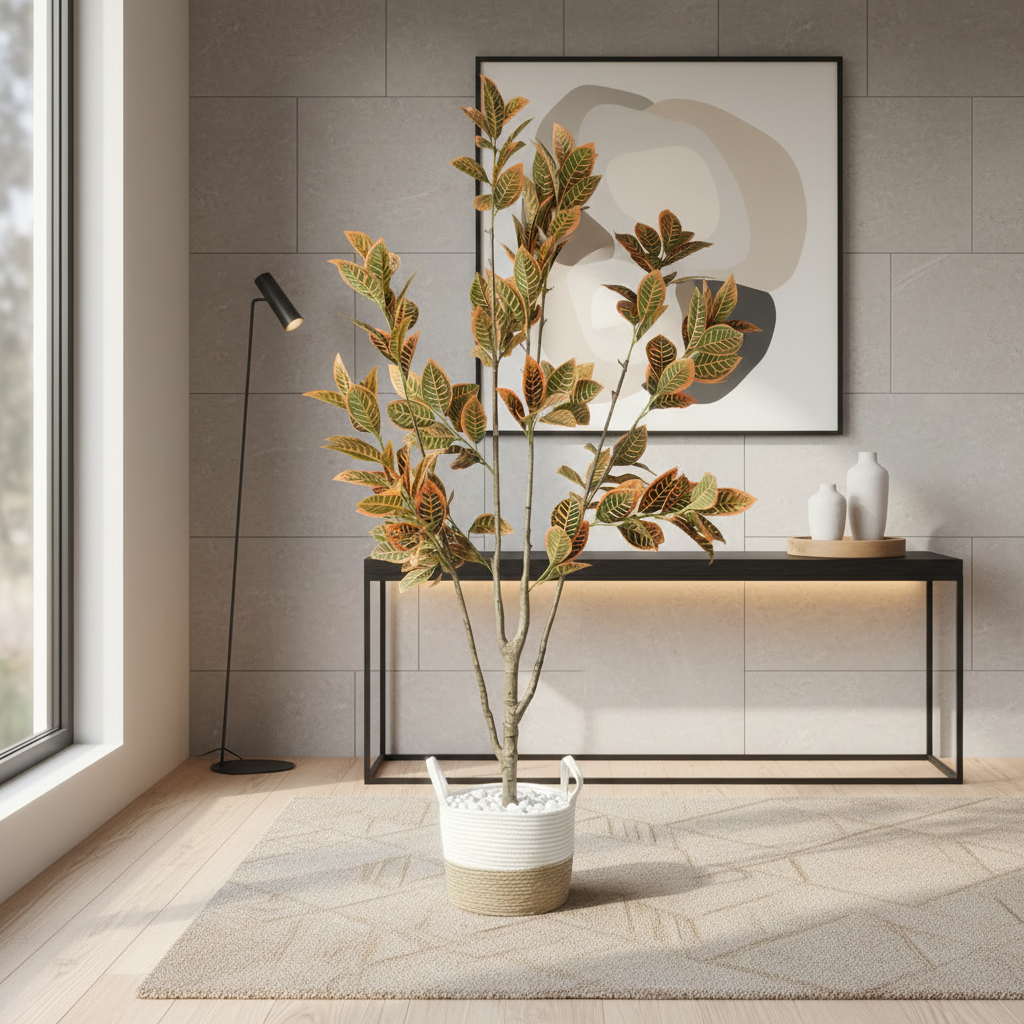 Artificial boxwood shrub in stylish modern entryway