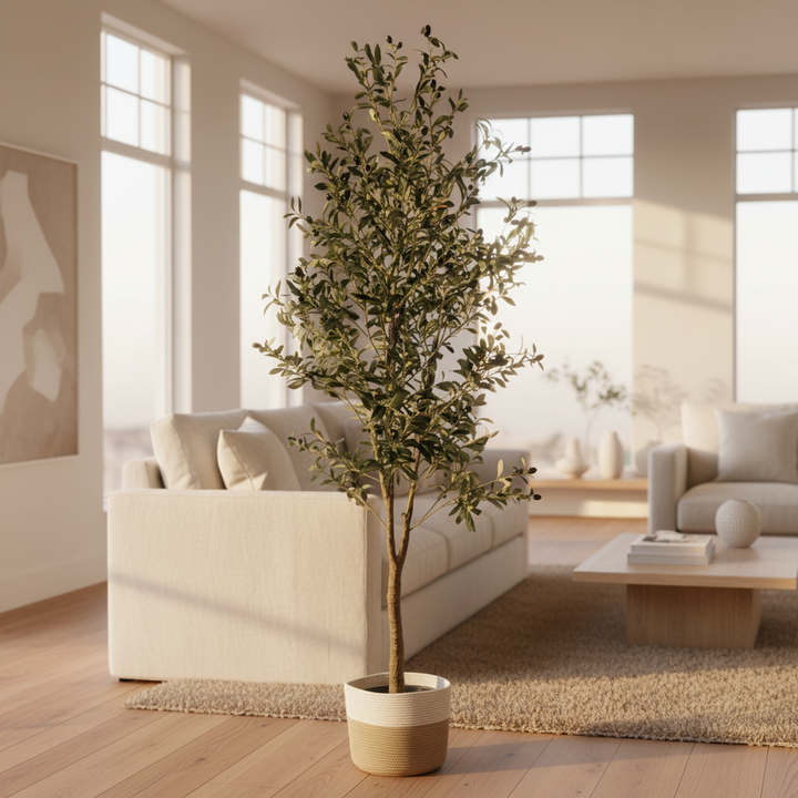 Tall 2M artificial olive tree in modern living room