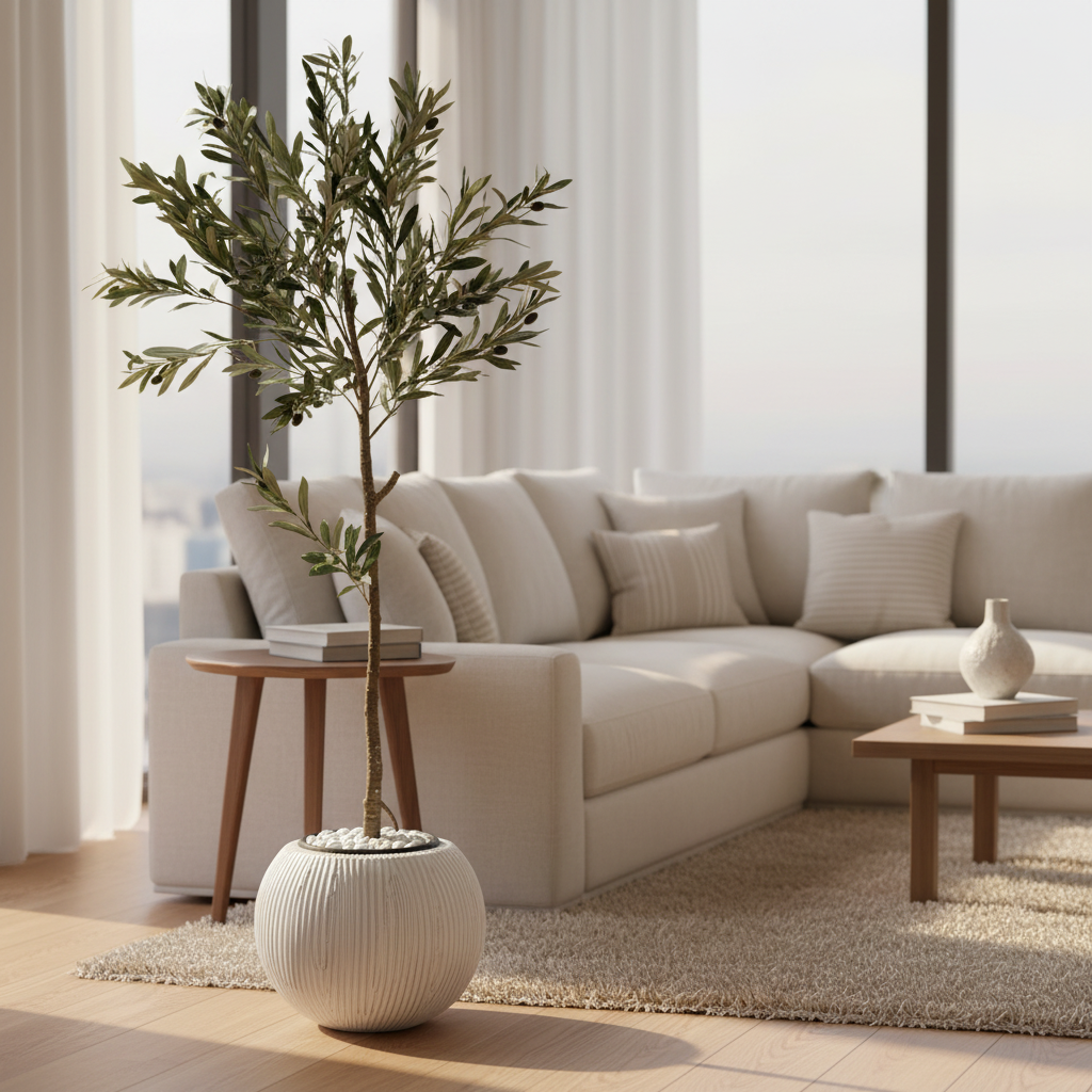 Artificial ficus tree in modern living room with cream sofa and white pebbles