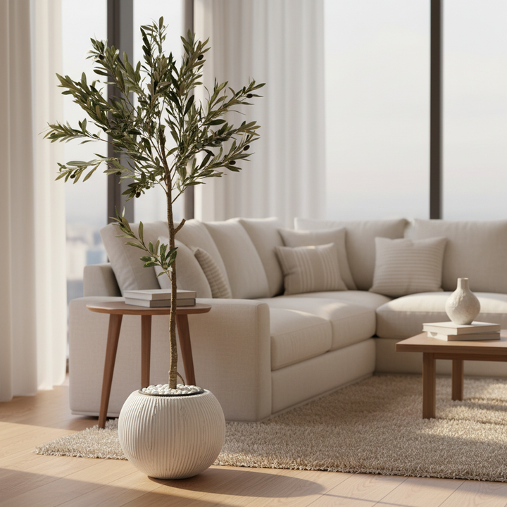 Artificial ficus tree in modern living room with cream sofa and white pebbles