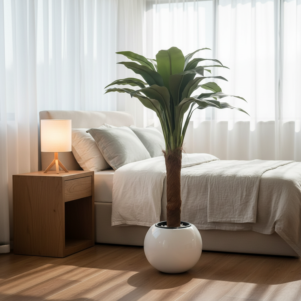 Artificial fern tree in serene bedroom corner