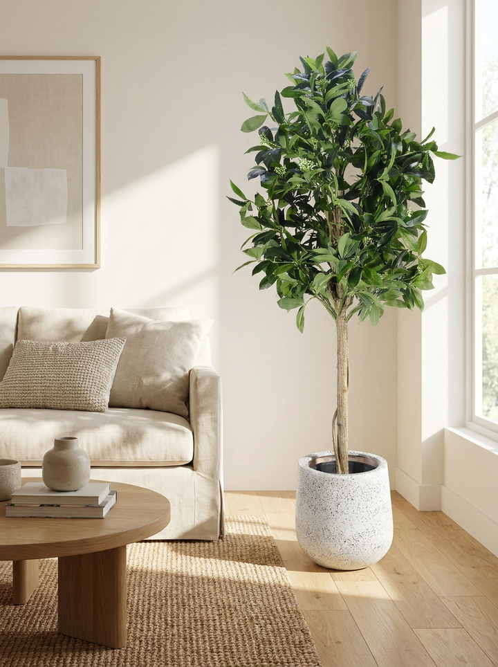 Artificial Ficus Tree with Flower Buds - Modern Living Room